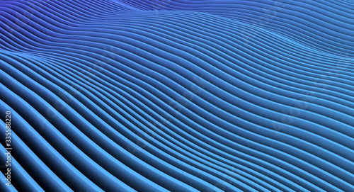 Abstract blue thick curved wave lines background. High-resolution 3D illustration.