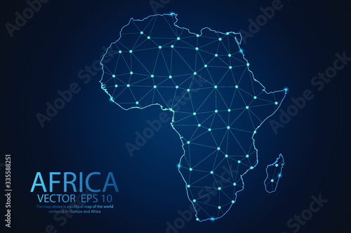 Abstract mash line and point scales on dark background with map of Africa. Wire frame 3D mesh polygonal network line, design sphere, dot and structure. Vector illustration eps 10.