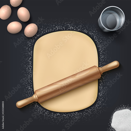 Bakery dough. Realistic wheat flour, eggs, salt and bakery mass with wooden rolling pin on the table. Vector illustration homemade bakery set for patisserie and cafe poster on black background