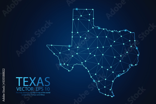Abstract mesh line and point scales on dark background with map of Texas. Wire frame 3D mesh polygonal network line, design sphere, dot and structure. Vector illustration eps 10.