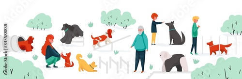 People with pets at park. City park area with cartoon characters training their home animals. Vector man woman children outdoor activity playing with dogs