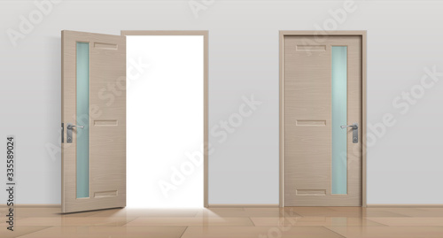 Open and closed doors. Realistic 3D white and brown home and office entry doors. Vector image different front apartment doors set isolated on white background
