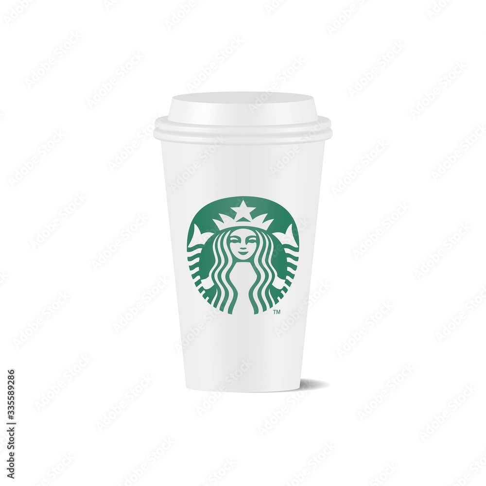 Vector illustration of Starbucks white coffee cup isolated on white  background. Starbucks is the world's largest coffee house Stock Vector