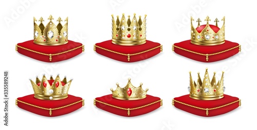 Crowns on pillow. Realistic 3D golden king and queen headdress collection, luxury medieval monarch set. Vector illustration isolated royal crown of gold on red pillow for emperor heir
