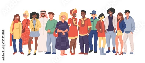 Multicultural team. Group of different people in casual clothes standing together, cartoon characters of diverse nationalities. Vector illustration happy men and women set diversity multiethnic people