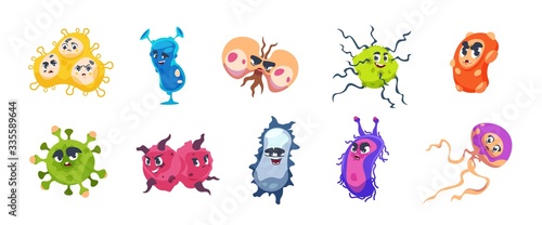 Virus characters. Cartoon infection bacteria and flu germs bacillus, microbiology disease emoticons. Vector microbe organism collection with funny faces on white background