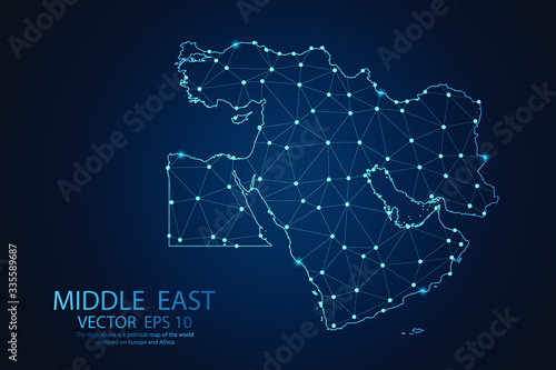 Abstract mash line and point scales on Dark background with map of Middle East. Wire frame 3D mesh polygonal network line, design polygon sphere, dot and structure. Vector illustration eps 10.