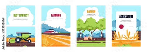 Agricultural poster. Cartoon booklet with farmland fields and farmhouse, smart farming and agricultural industry banners. Vector image set harvest or agriculture equipment technology photo