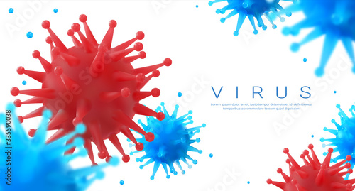 Novel Coronavirus. 2019-nCoV background with realistic 3D illustration of Covid-19 disease germ, virus cell concept. Vector medical healthcare poster with image bacteria shapes