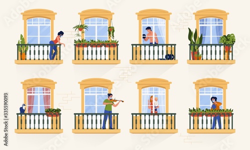 Neighbors in windows. People characters staying at home on quarantine and watching TV, cooking and spending time together. Vector illustrations cartoon persons in apartments, coronavirus isolation