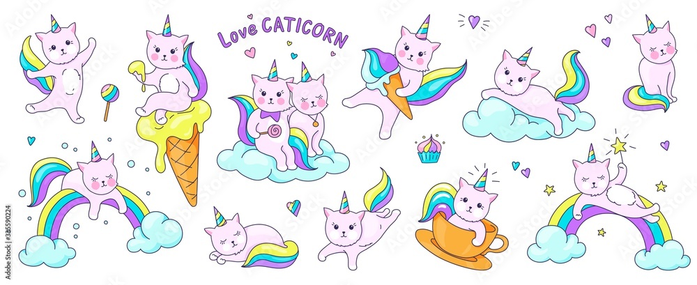 Cute unicorn cats. Funny doodle kitty characters on clouds and rainbows, kids doodle stickers in pastel colors. Vector set illustrations hand drawn fashion rainbow cat isolated on white background