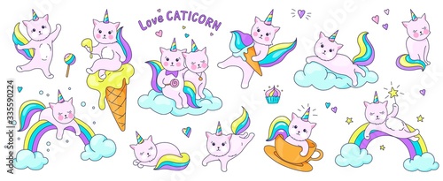 Cute unicorn cats. Funny doodle kitty characters on clouds and rainbows, kids doodle stickers in pastel colors. Vector set illustrations hand drawn fashion rainbow cat isolated on white background