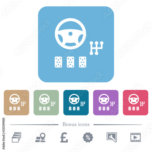 Car controls flat icons on color rounded square backgrounds