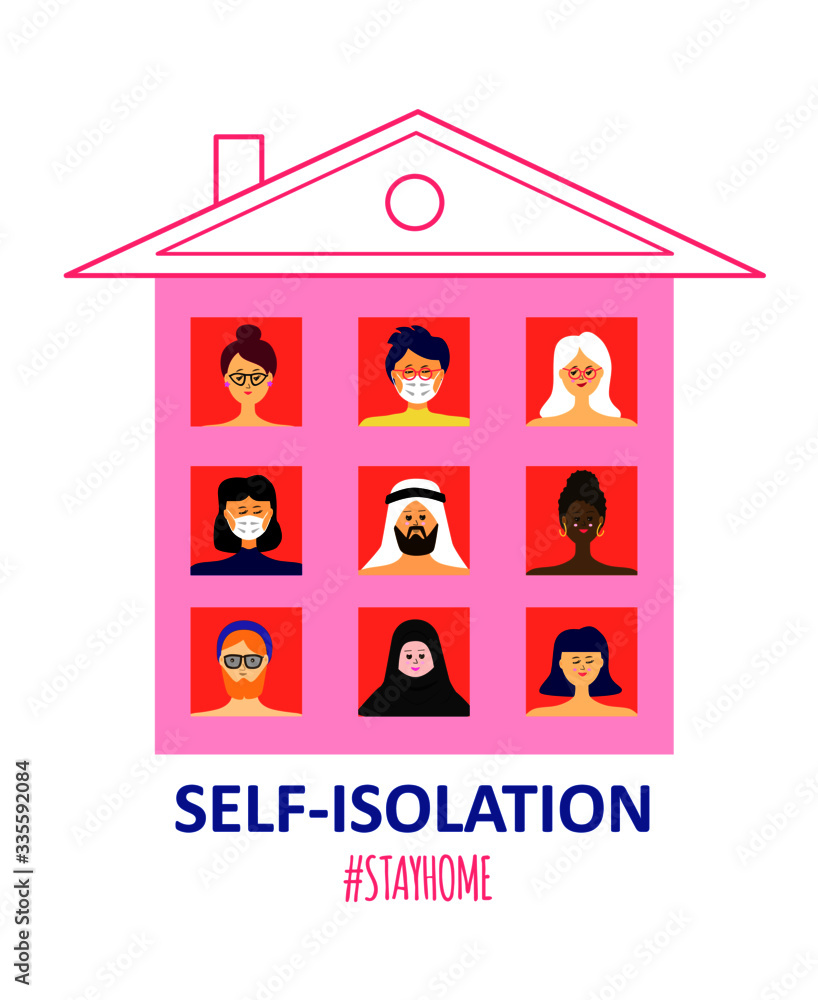 Self-isolation and stay at home requirement. People of different nationalities sitting at home. Quarantine. COVID 19 and Coronavirus epidemic concept. Self-isolation and stay at home requirement. People of different nationalities sitting at home. Quarantine. COVID 19 and Coronavirus epidemic concept.