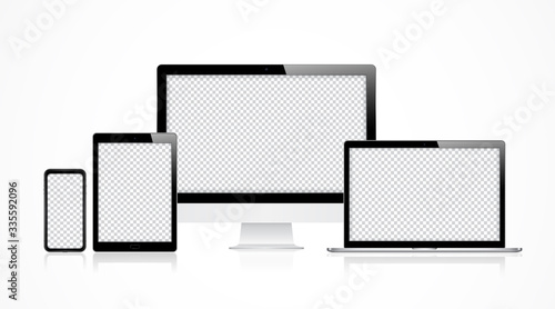 Set modern computer, laptop, tablet and smartphone with transparent wallpaper screen for mockup and template isolated on white background vector illustration