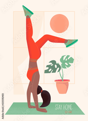 Quarantine, stay at home concept illustration - people sitting at their home, room or apartment, practicing yoga, enjoying meditation. Stay home on quarantine time during the Coronavirus epidemic.