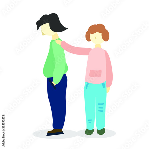 The man stands with his head down and his hands in his pocket. The woman, the girl, put her hand on the man's shoulder.