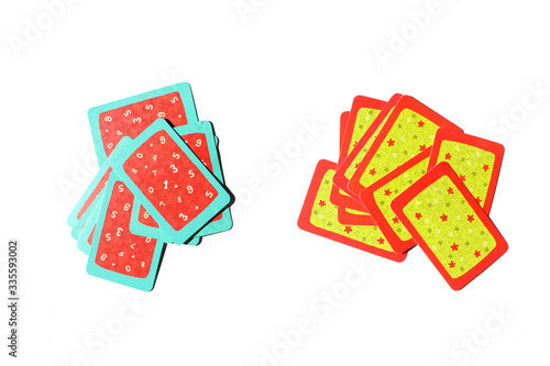multi-colored cards for a board game on a white background. Board game and kids leisure concept. concept of board games.