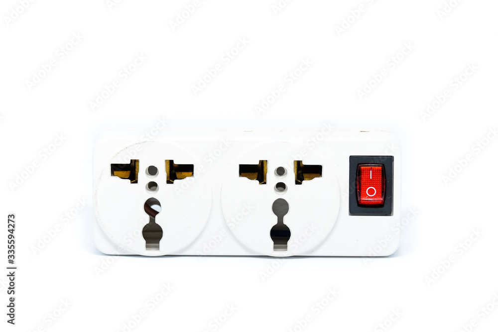Power plug (power outlet) with red switch on or off isolated on white background - for home object concept.