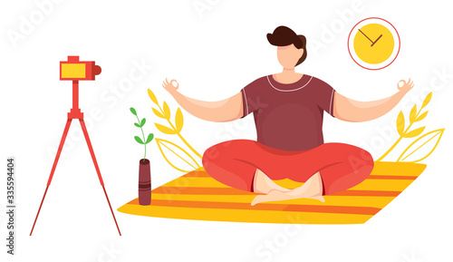Vector of yoga course. Yoga class at home. Online lesson with teacher. Yoga lesson in mobile app. Quarantine epidemic. Working at home. Stretching and fitness exercises. Live streaming. Broadcast.