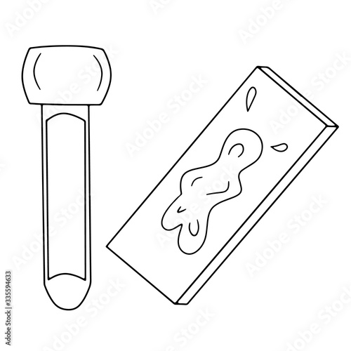 Medical tube with blood sample on the glass for express text for analysis. Simple vector illustrartions in cartoon doodle style. Concept of vaccine investigating, glucose level, troponin, d-dimer.