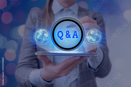 Text sign showing Q And A. Business photo text a period of time or an occasion when someone answers questions Elements of this image furnished by NASA photo