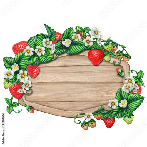 Watercolor wooden sign covered with strawberry branches