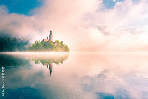 Bled Lake, Slovenia. A magic and unpredicted sunrise over the misty island