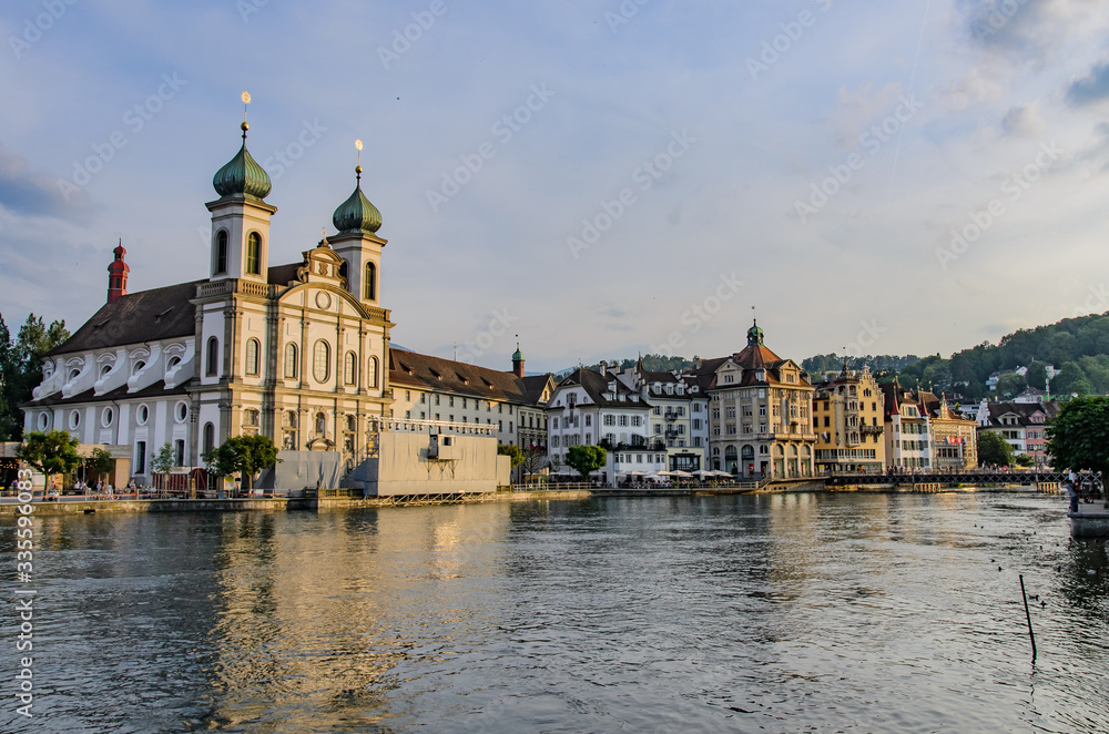 Jesuitenkirche and Reuss river, Luzern, Switzerland.