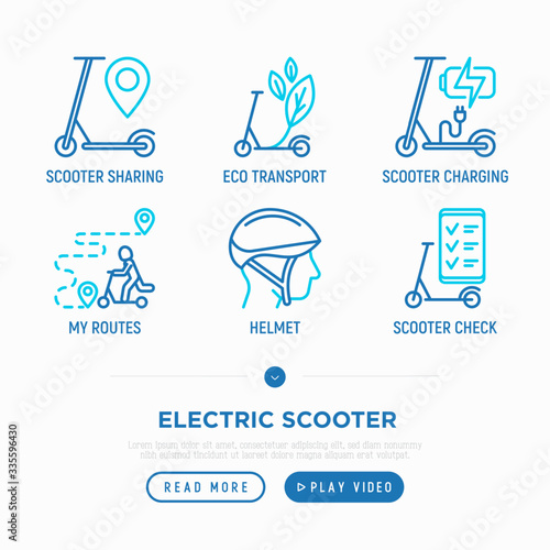 Electric scooter thin line icons set: sharing service, charging, mobile app, parking, helmet, eco transport, pointer. Modern vector illustration.