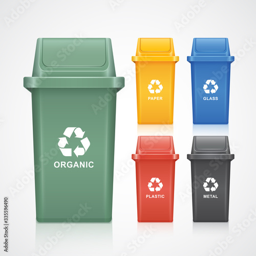 green, yellow, orange, red, blue and black recycle bins with recycle symbol isolated on white background vector illustration