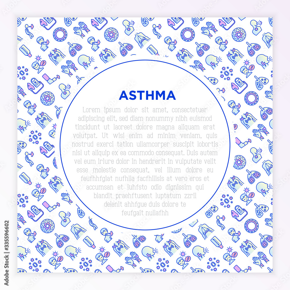Asthma concept with thin line icons: allergen, dyspnea, cough, wheezing, chest pain, diaphragm, hives, sputum, peak flow meter, inhaler, nebulizer. Vector illustration, template with copy space. Asthma concept with thin line icons: allergen, dyspnea, cough, wheezing, chest pain, diaphragm, hives, sputum, peak flow meter, inhaler, nebulizer. Vector illustration, template with copy space.