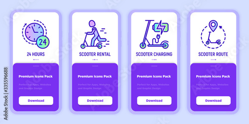 Electric scooter mobile user interface with thin line icons: sharing service 24 hrs, charging, rent, pointer. Modern vector illustration.