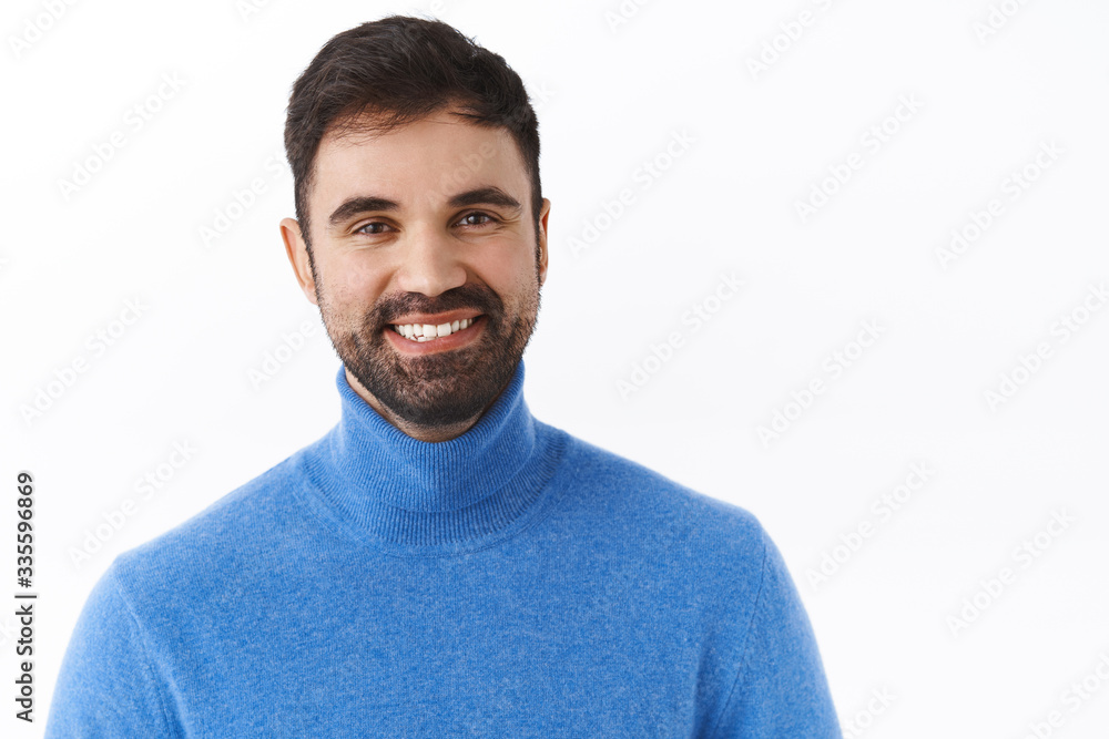 Close-up portrait of handsome successful businessman with beard, smiling happy and satisfied, express enthusiasm and positivity, staying on bright side, standing white background joyful Close-up portrait of handsome successful businessman with beard, smiling happy and satisfied, express enthusiasm and positivity, staying on bright side, standing white background joyful