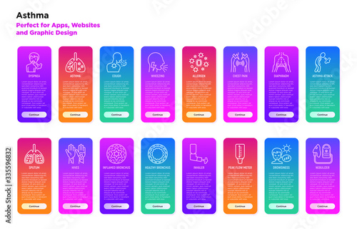 Asthma ui templates with thin line icons: allergen, dyspnea, cough, wheezing, chest pain, diaphragm, hives, sputum, peak flow meter, inhaler. Modern vector illustration for mobile user interface.