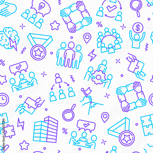 Teamwork seamless pattern with thin line icons: relay race, brainstorm, success, meeting, idea share, collaboration, joint project, unity, support, delegation, bonus. Modern vector illustration.