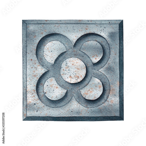 Barcelona flower, paving flagstone, watercolor illustration, symbol of Barcelona, Catalonia, Spain