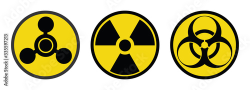 Warning signs, symbols. Danger, poison, biohazard, electricity, high voltage, chemical, waste, radioactive, explosion, bomb, flame, virus, toxic, warning, warning vector icon set