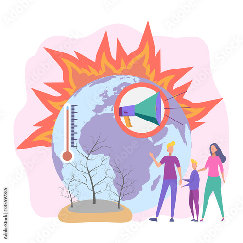 Changing of the climate. Burnt earth, fire in the forest, pollution of the planet. Global warming, greenhouse gas emissions. Colorful vector illustration.