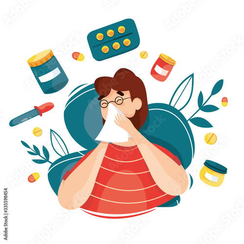 High temperature vector. Infection. Symptoms of the disease and sick. Temperature, cough, runny nose. Epidemic. Pandemic. Coronavirus. Quarantine. Virus attack. With drug, pills and medical stuff.