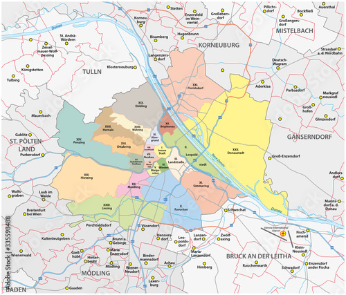 road and administrative vector map of the city of vienna and its surrounding communities