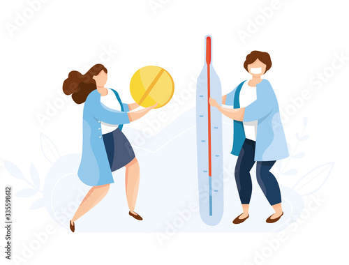 Modern vector illustration of cute doctors with thermometer. Medicament Treatment and Health Care. Healthcare persons concept. Clinic or websete landing page. Doctor will prescribe a prescription.