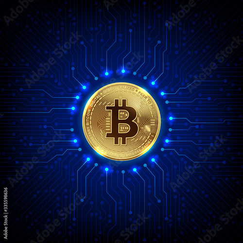 golden bitcoins digital currency and digital money and printed circuit board technology network concept vector illustration