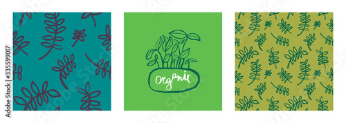 Healthy eating background. Vegetal pattern for banner design with hand-drawn green icons.  Herbs backdrop. vector floral silhouettes for Eat healthy concept and organic farming, healthy food label.