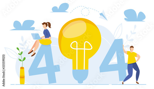 Modern vector illustration of 404 error. Page not found concept. Business concept of economic decline. Bulb lamp. Disconnection from the internet. Sad people without connection