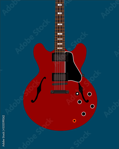 Red electric guitar. Hollow body guitar. Guitar made by wood. Play for fun and for life. Guitar by vector.