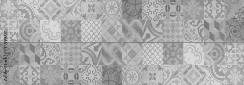 Gray white bright vintage retro geometric square mosaic motif cement tiles texture background banner panorama