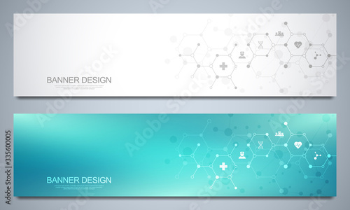 Banners design template for healthcare and medical decoration with flat icons and symbols. Science, medicine and innovation technology concept.