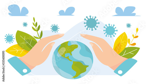 Vector illustration of saving the planet from novel COVID-19 coronavirus. Security of Earth globe. In memory of the victims of the virus. Save the planet. Pandemic viral epidemic
