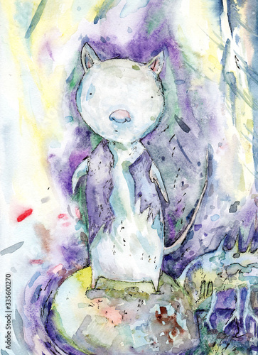Dog, watercolour. Funny cartoon dog that is very pretty and friendly. Can be used as a cute image of an animal that is seeking for a friend. For postcards, invitations, journal and book illustrations.